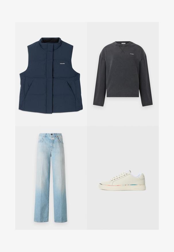Marineblå, ermeløs polstret vest med høy krage, glidelås foran og to sidelommer; har en hvit "Holzweiler" logo.; CLOSED CREWNECK LONGSLEEVE - Topper langermet - black; Lyseblå denim bukser med vid ben i en falmet gradient, med klassisk fem-lomme design og metallknapplukking.; Off-white lav top sneaker med snøring, hvit innvendig fôr og subtilt flerfarget trim langs sålekanten, sidevisning.