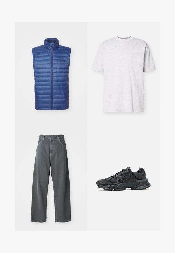 Colete azul, acolchoado, sem mangas, com gola alta e fecho éclair na frente. Apresenta costuras horizontais e um logótipo da Timberland no peito.; T-shirt de algodão cinza-claro com mangas curtas, decote redondo e um pequeno logótipo branco no lado esquerdo do peito. Textura suave, ajuste casual.; Calças largas de ganga cinza com cintura alta, apresentando bolsos frontais, passantes para cinto e um fecho de botão na cintura.; Sapato de corrida preto com uma combinação de malha e materiais sintéticos, sola robusta, design curvado e uma marca de destaque na lateral.