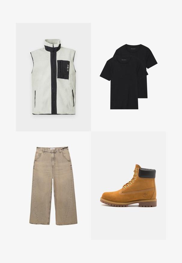 Mouwloze fleece vest met volledige ritssluiting, zwarte borstzak aan de linkerkant en zwarte afwerking rond de ritsen en kraag.; Twee zwarte katoenen t-shirts met korte mouwen, ronde halslijnen en een gladde textuur, gepresenteerd op elkaar gestapeld.; PULL&BEAR MEGA BAGGY - Baggy jeans - light grey; Tan suède enkelboot met zwart gevoerd kraagje, gouden metalen oogjes, witte stikdetails en een robuuste rubberen zool met uitgesproken profiel.