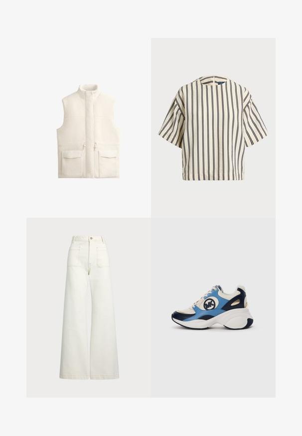 Weißer Fleece-Weste mit hohem Kragen, Reißverschluss und zwei großen Fronttaschen, die eine weiche Textur und ein sauberes, minimalistisches Design aufweist.; Kurzärmliges, gestreiftes Oberteil in Creme und Marineblau, mit rundem Halsausschnitt und kastiger Form aus strukturiertem Stoff.; Weite Jeans aus off-white Denim. Hoch tailliertes Design mit Knopfverschluss, zwei Fronttaschen und kontrastierenden Stickdetails.; Weiße, marineblaue und hellblaue Wildleder-Sneaker mit dicker Sohle und aufgesticktem rundem Logo an der Seite.