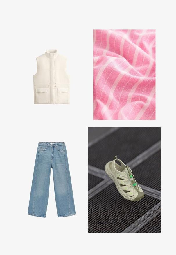 Witte fleece vest met hoge kraag, rits aan de voorkant en twee grote voorzakken, met een zachte textuur en een schoon, minimalistisch ontwerp.; Roze stof heeft een gestructureerd oppervlak met opvallende witte, verticale strepen. Het materiaal lijkt zacht en lichtgewicht, met een elegante val.; Lichtblauwe wijde jeans van denim, met een hoge taille, twee voorzakken en zichtbare stiksels langs de zijnaad.; Lichtgroene sportieve schoen met een open mesh ontwerp, rubberen zool, verstelbare veters en contrasterende neon groene accenten. Lichtgewicht en ademend.