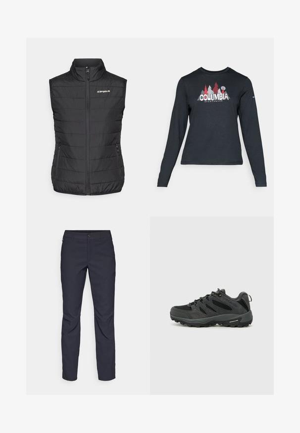 Melnā pūkainā veste ar augstu apkakli, priekšējo rāvējslēdzēju un divām sānu kabatām. Iespējojama ar pāršūtu tekstūru un "ICARPART" logo uz krūškurvja.; Tumšs pelēks krekls ar garām piedurknēm, ar grafiku, kurā attēloti sarkani koki un kalni; "COLUMBIA" logo treknā baltā tekstā. Mīksta auduma, standarta apaļa kakla izgriezums.; Navy zila bikses, kas izgatavotas no gludas auduma, ar priekšējo pogu aizdari, pieguļošu siluetu un krokām pie ceļgaliem.; Columbia REDMOND - Pārgājienu apavi - black/citron haze