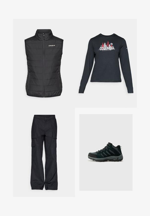 Zwarte puffer vest met een hoge kraag, een rits aan de voorkant en twee zijzakken. Heeft een geborduurd patroon en een "ICARPART" logo op de borst.; Langsluitend donkergrijs shirt met lange mouwen, versierd met een grafisch ontwerp van rode bomen en bergen; het "COLUMBIA"-logo in vet witte tekst. Zacht materiaal, standaard ronde hals.; Columbia BREA FALLS™ COTTON RIPSTOP PANT - Outdoorbroeken - black; Columbia REDMOND - Outdoorschoenen - black/citron haze