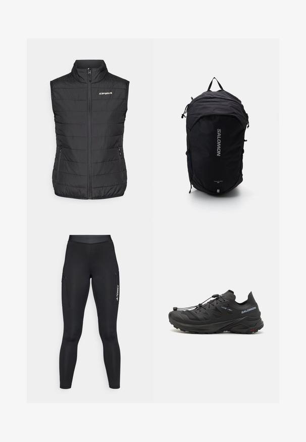 Svart puffer vest med høy krage, frontlykt og to sidelommer. Har kviltet tekstur og et "ICARPART" logo på brystet.; Langermet hvit treningsgenser med høy hals og lite sentrert logo på brystet, vist på en enkel bakgrunn.; Sorte treningstights med et tettsittende design, laget av elastisk materiale. Har sidelommer og hvit "TERREX"-merke.; Svarte terrengløpesko med strukturert overdel, meshneder, og et sikkert festesystem. Har en robust såle for godt grep.; Svart ryggsekk med et strømlinjeformet design, teksturert stoff, justerbare stropper og en fremtredende sølv "SALOMON"-logo på forsiden.