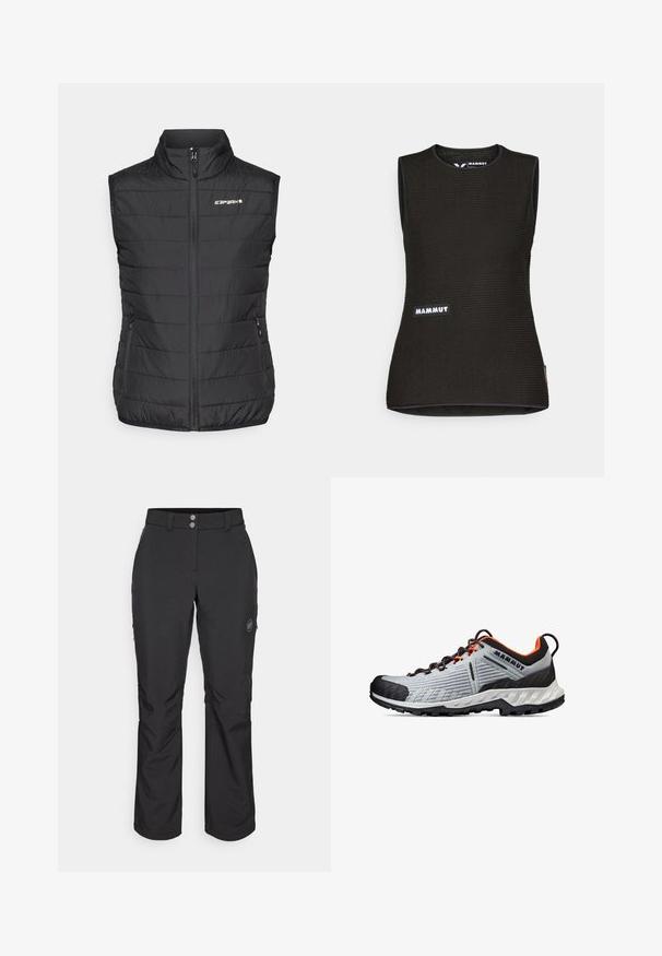 Juodas pūkinis liemenė su aukštu apykakle, priekiniais užtrauktukais ir dviem šoninėmis kišenėmis. Įrengta siūlėta tekstūra ir "ICARPART" logotipas krūtinėje.; Juodas be rankovių marškinėliai su tekstūruota raštu, apvaliu iškirpimu ir "MAMMUT" logotipu priekyje. Pagaminti iš pralaidaus oro medžiagos.; Juoda lauko kelnės su tiesiu kirpimu, su mygtuko uždarymu, užtrauktuku užtraukiamomis šoninėmis kišenėmis ir logotipo aplikacija kairiajame šlaunyje.; Mammut ULTIMATE PRO LOW GORE TEX WOMEN - Turistiniai batai - ice gray black