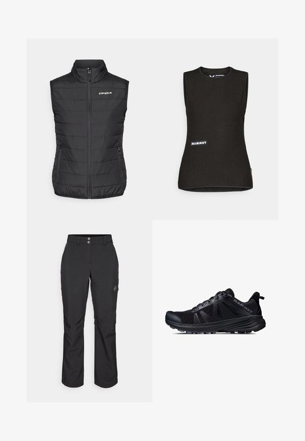 Svart pufferväst med hög krage, framsidans dragkedja och två sidfickor. Har kviltad textur och en "ICARPART"-logotyp på bröstet.; Svart ärmlös skjorta med ett strukturerat mönster, med rund halsringning och en "MAMMUT"-logotyp på framsidan. Tillverkad av andningsbart material.; Svarta utomhusbyxor med rak passform, med knappstängning, fickor med dragkedja på sidan och en logotypapplikation på vänster lår.; Svart trail running-sko med ovandel i mesh och gummisula. Har texturerade overlay, förstärkt tåhätta och varumärkeslogotyp på hälen.