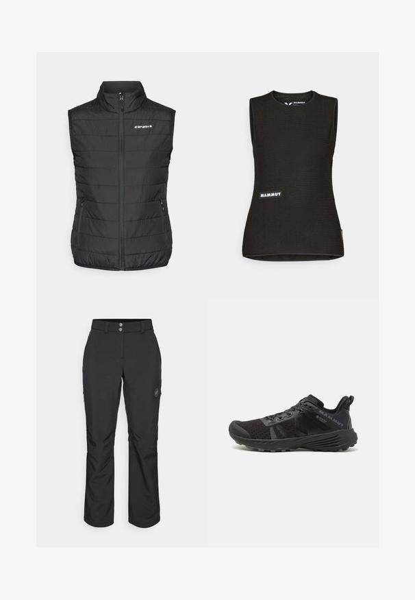 Schwarze Daunenweste mit hohem Kragen, Frontreißverschluss und zwei Seitentaschen. Verfügt über eine gesteppten Textur und ein "ICARPART"-Logo auf der Brust.; Schwarzes ärmelloses Shirt mit einem strukturierten Muster, runder Ausschnitt und einem "MAMMUT"-Logo auf der Vorderseite. Aus atmungsaktivem Material gefertigt.; Schwarze Outdoor-Hosen mit geradem Schnitt, Knopfverschluss, seitlichen Reißverschlusstaschen und einem Logo-Patch auf dem linken Oberschenkel.; Schwarzer Sportschuh mit textured Mesh-Obermaterial, verstärkter Zehenkappe und Gummilaufsohle. Verfügt über ein Schnürsystem und Logo-Details an der Seite.