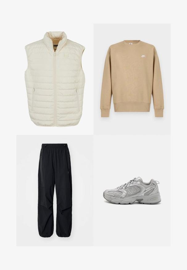 Pūkuotas liemuo off-white spalvos su aukštu apykakle, užtrauktuku priekyje ir dviem šoninėmis kišenėmis. Savybė yra siuvinėta tekstūra ir subtilesnis prekės ženklo ženklas.; Rudas Nike džemperis su apvalia apykakle, ilgomis rankovėmis ir baltu logotipu krūtinėje. Audinys atrodo minkštas su lygiu paviršiumi.; Juodos lengvos krovininės kelnės su elastinga juosmeniu, šoninėmis užtrauktukais ir erdviomis kišenėmis. Turi laisvą prigludimą ir siaurėjančius rankogalius.; Sidabriniai sportiniai bateliai su šiuolaikiniu dizainu, tinklelio panelėmis, paminkštinta liežuvėliu, tekstūruotu sintetiniu viršumi ir guminiais padu, užtikrinančiais sukibimą.