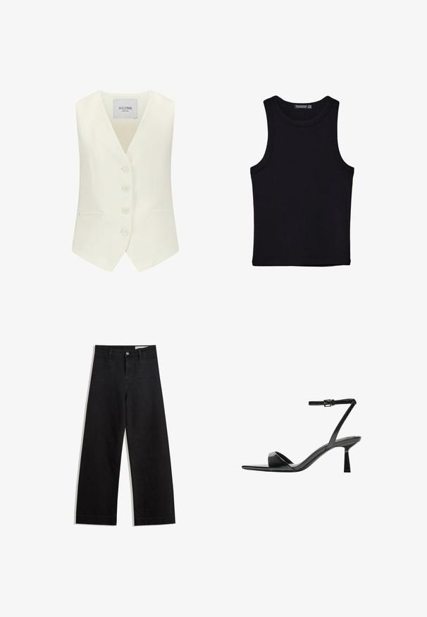 Weißes ärmelloses Oberteil mit tiefem V-Ausschnitt, fünf vorderen Knöpfen, zwei seitlichen Taschen und taillierter Passform, aus glattem Stoff gefertigt.; Schwarzes Tanktop aus Baumwolle mit rundem Halsausschnitt und weiten Armöffnungen. Glatte Textur mit genähten Säumen. Klassisches, minimalistisches Design.; Schwarze weit geschnittene Jeans mit hoher Taille, ausgestattet mit Vorder- und Hintertaschen, gesteppten Nähten und einem Knopfverschluss. Glatte Textur.; Bershka High Heel Sandalette - black