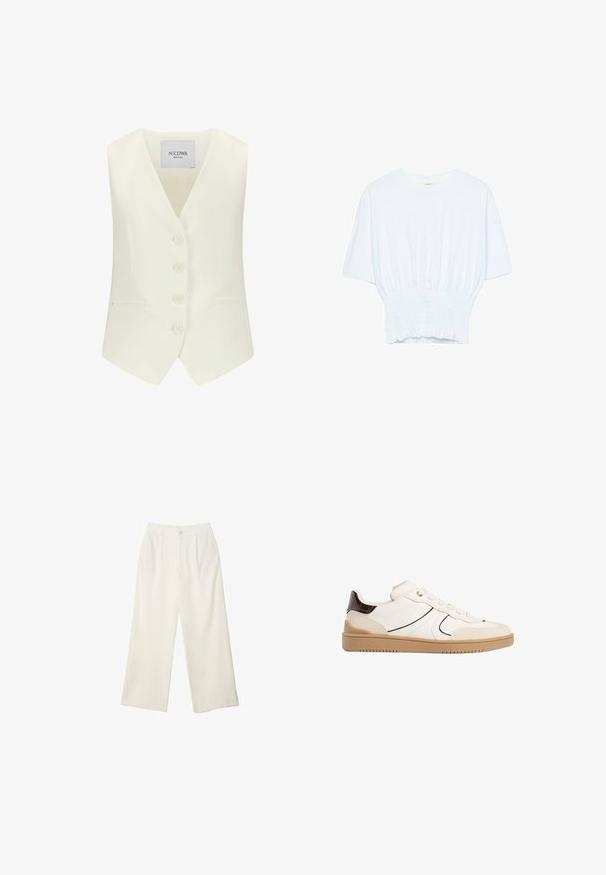 Weißes ärmelloses Oberteil mit tiefem V-Ausschnitt, fünf vorderen Knöpfen, zwei seitlichen Taschen und taillierter Passform, aus glattem Stoff gefertigt.; Weißes T-Shirt mit kurzen Ärmeln, lockerer Passform und gerafftem Stoff an der Taille. Aus weichem, leichtem Material gefertigt.; Helle Stoffhose mit weitem Bein und glatter Textur, ausgestattet mit einem einzelnen Knopf vorne, dezenten Falten und einem Hochbund-Design.; Stradivarius Sneaker low - white