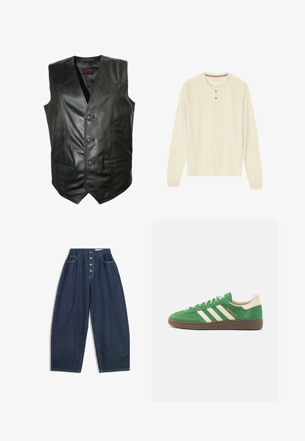 Mark Maddox FREDDY - Weste - schwarz; Langärmliges Henley-Shirt in Creme, aus weichem Stoff, mit einem gerippten Rundhalsausschnitt, einer zwei-Knopf-Leiste und Raglanärmeln.; Dunkelblaue Denim-Hose mit weiter Beinform und hoher Taille, fünfknöpfigem Verschluss und fünf Taschen. Mit Steppnähten an den Nähten.; Grüne Wildlederturnschuhe mit weißem Dreistreifen-Design, cremefarbenen Akzenten und brauner strukturierten Sohle. "SPEZIAL" in Gold auf der Seite bestickt.