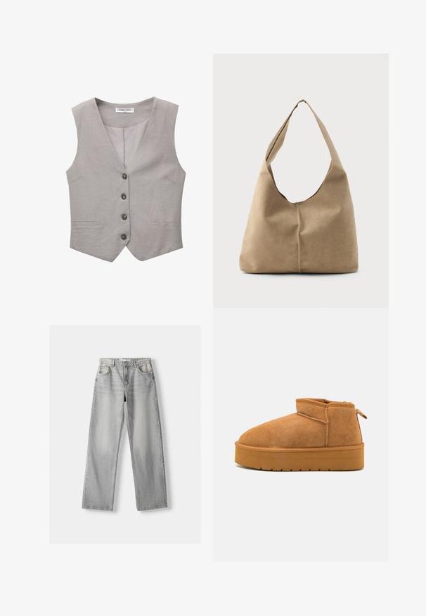 Szürke mellény V nyakú kialakítással, öt gombbal az elején és két oldalsó zsebével. Texturált anyagból készült. Bélése egyszínű szürke.; Fehér rövidujjú blúz függőleges és chevron csíkokkal, elülső cipzárral, hegyes gallérral és két első zsebbel.; Világosszürke farmernadrág egyenes szárú fazonnal, két elülső zsebbel, gombos záródással és diszkrét fakulással a textúra érdekében.; Barna velúr bokacsizmák lekerekített orral, alacsonyított kialakítással és texturált gumitalppal, amelyen enyhe platform és húzófül található.; Puha bézs velúr hobo táska laza formával, széles vállpánttal és kézzel varrt varrási részlettel az elején.