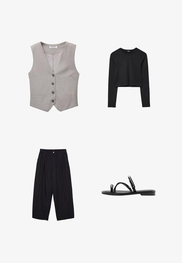 Grå väst med V-halsdesign, fem knappar fram och två sidofickor. Tillverkad av ett strukturerat tyg. Foder i enhetlig grå färg.; Svart långärmad croppad topp med rund halsringning, enkel design och en något rundad nederkant.; Svarta polyester culottbyxor med elastisk midja, två framfickor och en lös silhuett. Inga synliga mönster eller hårdvarudetaljer.; Svarta platta sandaler med en glänsande yta, tre tunna remmar och en cirkulär detaljer i metall vid tån. Elegant design med en minimal klack.