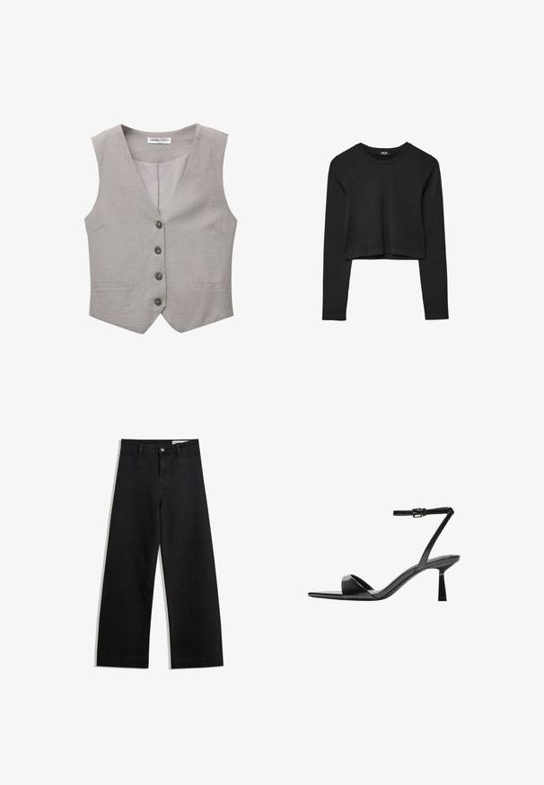 Sivý vest s dizajnom do V, s piatimi gombíkmi na prednej strane a dvoma bočnými vreckami. Vyrobený z textúrovanej tkaniny. Podšívka je v rovnomernej sivej farbe.; Čierny dlhý rukáv skrátený top s okrúhlym výstrihom, jednofarebný dizajn a mierne zakrivený lem.; Čierne denimové nohavice s širokými nohavicami a vysokým pásom, so prednými a zadnými vreckami, šitými švami a zapínaním na gombík. Hladká textúra.; Bershka Sandále na vysokom opätku - black