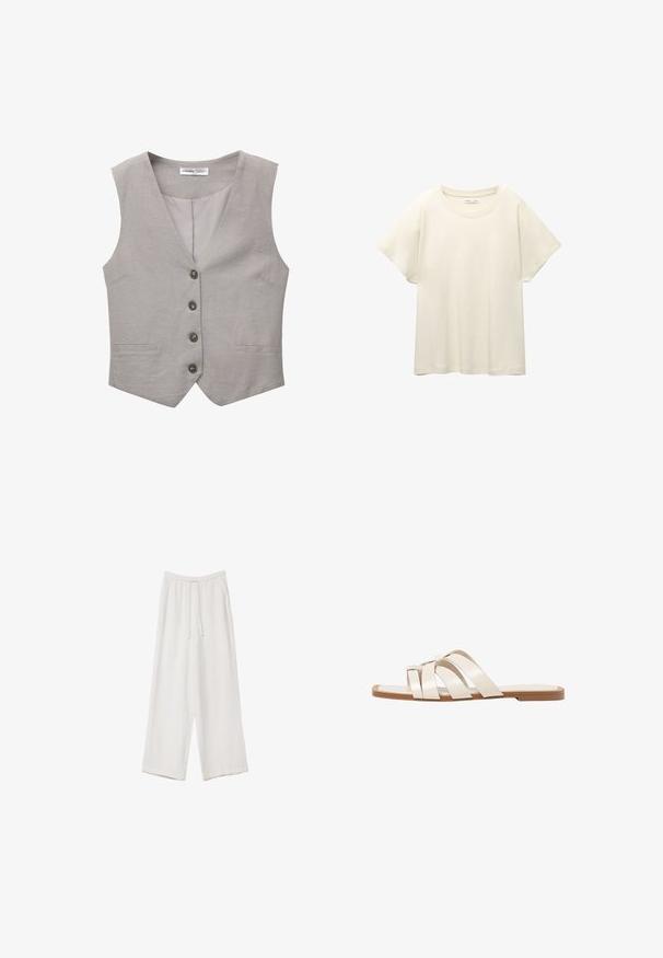 Harmaa liivi V-kaulusmuotoilulla, viisi nappia edessä ja kaksi sivutaskua. Valmistettu teksturoidusta kankaasta. Vuori on tasavärinen harmaa.; Vaaleanbeige lyhythihainen t-paita, jossa on pyöreä kaula-aukko, valmistettu pehmeästä ja sileästä kankaasta. Ominaisuuksina rento mitta ja suora helma.; Valkoiset leveälahkeiset housut kevyestä kankaasta. Ominaisuuksiin kuuluu elastinen vyötärö, jossa on nauhakuuluma ja sivutaskut. Sileä rakenne.; Tason vaaleanruskealla kumipohjalla, jossa on kolme päällekkäistä valkoista nahkaremmiä ja pieni satiininen rusetti keskellä.