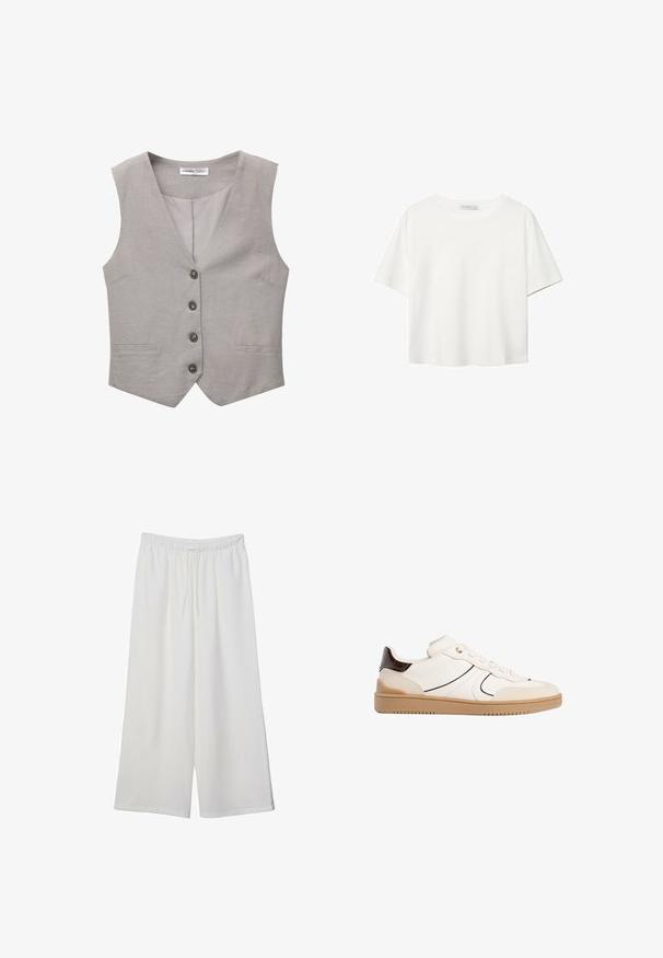 Szary kamizelka z dekoltem w serek, pięcioma guzikami z przodu i dwoma bocznymi kieszeniami. Wykonana z teksturowanej tkaniny. Podszewka w jednolitym szarym kolorze.; Biała koszulka z krótkim rękawem, wykonana z bawełny. Posiada okrągły dekolt i luźny krój. Gładka faktura bez widocznych wzorów czy akcentów.; Białe szerokie spodnie wykonane z lekkiego materiału, z elastyczną talią i sznurkiem do regulacji fasonu. Gładka tekstura.; Stradivarius - Sneakersy niskie