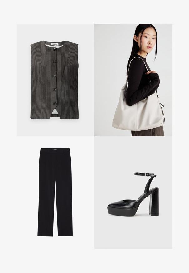 Bezrokavni temni brezrokavnik z vertikalnimi črtami, opremljen s petimi sprednjimi gumbi, okroglo ovratnico in gladkim blagom s subtilnim leskom.; Črna bombažna majica s kratkimi rokavi, ki ima majhen roza metuljček na levi strani prsnega dela. Majica s krožnim ovratnikom in sproščenim krojem.; Črne kordurojske hlače ravnega kroja z ravnim pasom in brez vidnih žepov, gladke teksture ter z vertikalnimi rebrastimi detajli.; Črne platforme z visokimi petami in koničastim nosom ter nastavljivim gležnjenjskim trakom. Narejene iz gladke usnje, s kockasto peto.; Bežna torbica iz mehkega materiala, z ohlapno zasnovo, šivi in dvema naramnicama. Primerna za vsakodnevno uporabo.
