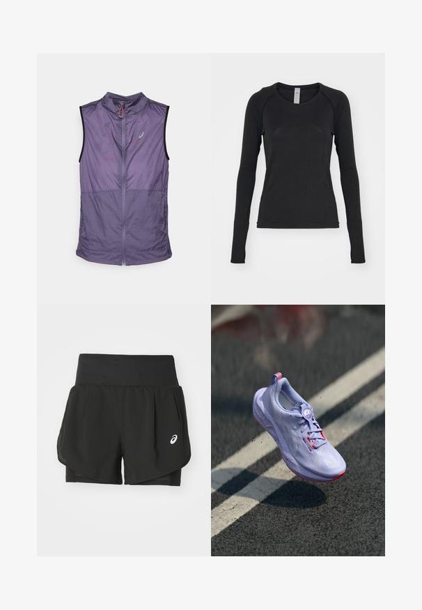 Kevyt, hihaton liivi hillityn purppuran sävyssä. Siinä on korkea kaulus, etuvetoketju ja kontrastoivat mustat kädentieaukot. Sileä rakenne.; Pitkähihaista mustaa paitaa, joka on valmistettu pehmeästä kankaasta. Ominaisuuksina pyöreä pääntie ja raglan-hihat, joissa on sormiaukot hihansuissa. Minimalistinen muotoilu.; Mustat urheilushortsit, joissa on hengittävä verkkopinta, sisäshortsit sileällä pinnalla ja valkoinen logo vasemmalla puolella.; Vaaleanlila juoksukenkä, jossa on teksturoitu yläosa, vaaleanpunaisia aksentteja, pyöreä nauhoitusmekanismi ja pilkullinen pohja, kohoaa asfalttitaustan ylle.