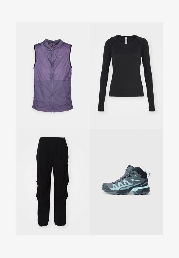 Lengvas, be rankovių liemenė iš švelnaus purpurinio atspalvio. Yra aukšta apykaklė, priekinis užtrauktukas ir kontrastingi juodi rankovių angos. Sklandus paviršius.; Juoda ilgomis rankovėmis marškinėliai, pagaminti iš minkštos medžiagos. Suapvalintas kaklas ir raglano tipo rankovės su išpjovomis nykščiams ant rankogalių. Minimalistinis dizainas.; Juodos lauko kelnės, pagamintos iš tvirto medžiagos, su laisvu siluetu, elastinga juosmens juosta ir surišamais rankogaliais, leidžiančiais reguliuoti ilgį.; Tamsiai pilkos spalvos vidutinio aukščio turistiniai bateliai su šviesiai mėlynomis detalėmis. Yra tekstūruotas viršus, sustiprintas pirštas ir tvirta padas, užtikrinanti sukibimą.