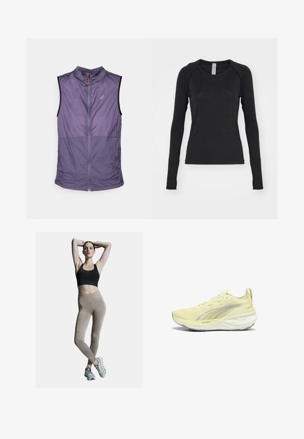 Lichtgewicht, mouwloos vest in een gedempte paarse tint. Heeft een hoge kraag, een rits aan de voorkant en contrasterende zwarte armsgaten. Glad van textuur.; Zwarte longsleeve shirt, gemaakt van zachte stof. Beschikt over een ronde hals en raglanmouwen met duimgaten bij de manchetten. Minimalistisch ontwerp.; Zwarte sportbeha en beige hoge taillelegging, met zijnaad en accenten. Model draagt lichtgrijze sportschoenen met een gevoerde zool.; Lichtgele sportschoen met een gestructureerde bovenkant, grijze accenten en een gevoerde zool. Beschikt over een vetersluiting en een lus aan de hiel.