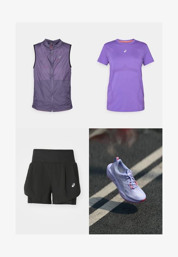 Lehká bezrukávová vesta v tlumeném fialovém odstínu. Má vysoký límec, přední zip a kontrastní černé průramky. Hladká textura.; Fialové sportovní tričko vyrobené z prodyšné tkaniny. Má kulatý výstřih, krátké rukávy a decentní tónový vzor na přední straně.; Černé sportovní šortky s prodyšnou síťovanou vrstvou, vnitřní šortky s hladkým povrchem a bílým logem na levé straně.; Světle fialová běžecká bota s texturovaným svrškem, růžovými detaily, kulatým systémem šněrování a puntíkovanou podrážkou, umístěná nad pozadím z asfaltu.