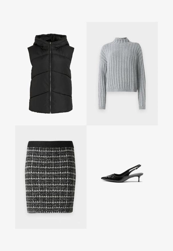Svart ärmlös vadderad väst med huva, med zickzack-sömmar och dragkedja framtill. Mjuk, vadderad textur. Lätt design.; Ljusgrå grovstickad tröja med ribbat mönster, hög krage, långa ärmar och en något kortare passform.; Vit långärmad knapp-up skjorta i en mjuk bomullsblandning. Utrustad med klassisk krage, frontknäppning och rundade manschetter.; Svart- och vitrutigt kjol med en texturerad tyg, med en svart midja och en figurnära silhuett.; Svarta läder slingback klackar med spetsig tå, liten kittenklack och en dekorativ knutdetalj på framsidan. Slät textur hela vägen.