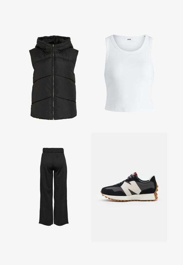 Crna bezrukavka pufasta prsluk s kapuljačom, s cik-cak šavovima i zatvaračem na prednjoj strani. Meki, prošiveni materijal. Lagani dizajn.; Bijela rebrasta majica bez rukava s okruglim izrezom i skraćenom dužinom. Na etiketi piše "JJXX." Glatka tekstura tkanine.; Crne hlače širokih nogavica s elastičnom waistbandom, izrađene od glatkog materijala. Imaju jednostavan dizajn bez džepova ili vidljivih šavova.; Crne i sive suede tenisice s velikim kremastim logom "N", ljubičastim pertlama i teksturiranim gumiranim potplatom.
