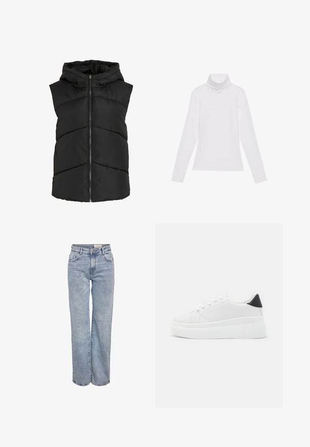 Colete almofadado preto sem mangas com capuz, apresentando costuras em zig-zag e fecho de correr frontal. Textura macia e acolchoada. Design leve.; Camisola de gola alta de mangas longas, feita de um tecido liso e elástico. Apresenta um colarinho alto e um design ajustado, sem padrões ou adornos visíveis.; Jeans de perna larga em azul-claro, feitos de denim, com cintura alta, design de cinco bolsos e um desvanecimento sutil para um aspeto usado.; Tênis plataforma brancos feitos de material sintético suave, apresentando ponta arredondada, design com cadarços e sola de borracha texturizada. Acento preto no calcanhar.