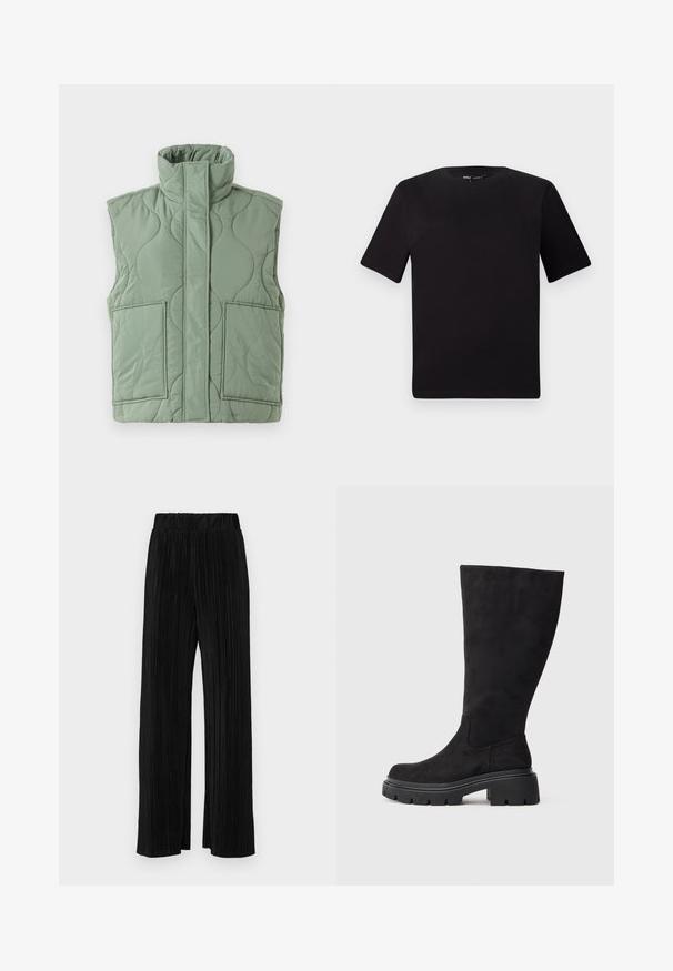 Világoszöld, steppelt ujjatlan mellény magas gallérral, elülső zsebekkel és egy elülső átlapoló résszel, amely eltakarja a cipzárt.; Fekete, rövid ujjú póló, kerek nyakkal, puha pamutból készült. Egyszerű dizájn, nincs látható logó vagy minta.; Fekete pliszírozott nadrág gumis derekkal. Széles lábakkal rendelkezik, sima, texturált anyagból készült, függőleges csíkokkal.; Fekete, térdig érő csizma, puha nubukbőrből, vastag fekete gumitalppal és enyhén lekerekített orral. Varrat nélküli kialakítás és sima textúra jellemzi.