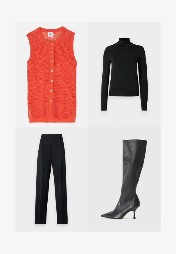 Chaleco de punto sin mangas en color naranja con un diseño de malla, que cuenta con un escote redondo y seis botones en contraste en la parte delantera.; Suéter negro de manga larga con cuello de tortuga, con puños y dobladillo acanalados, exhibido sobre un fondo blanco liso.; Pantalones negros de tela suave con cintura alta, piernas amplias, pliegues frontales y lazos de cinturón clásicos. No hay bolsillos laterales visibles.; Botas de cuero negro hasta la rodilla con punta afilada y tacón de aguja delgado. Textura suave con un diseño ajustado y costuras en el borde superior.