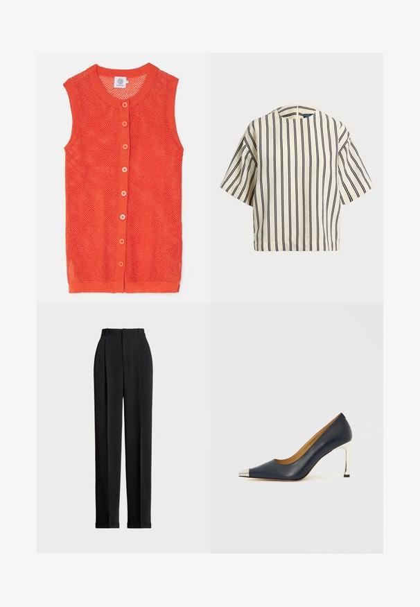 Gilet senza maniche di maglia arancione con un design a rete, caratterizzato da un colletto rotondo e sei bottoni a contrasto davanti.; Top a maniche corte a righe in crema e blu navy, con scollatura rotonda e design squadrato, realizzato in un tessuto texturizzato.; Pantaloni neri su misura a vita alta, con pieghe frontali, design a gamba dritta e orlo con risvolto. Realizzati in tessuto morbido.; Scarpa con tacco alto in pelle blu navy con punta appuntita, caratterizzata da una copertura metallica argentata e un tacco a spillo argentato lucido.