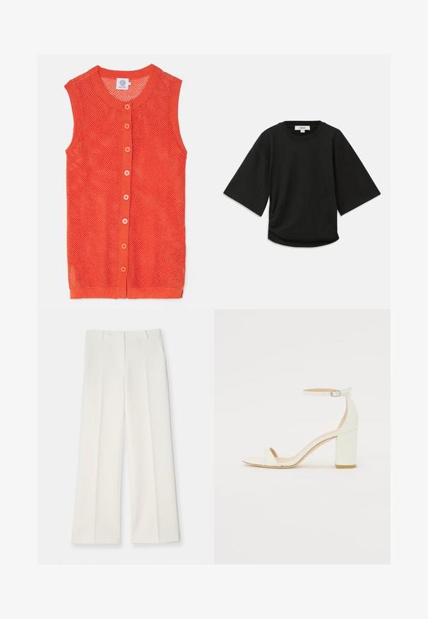Orange, ärmellose Strickweste mit einem Netzdesign, runder Ausschnitt und sechs kontrastierenden Knöpfen auf der Vorderseite.; Schwarzes T-Shirt mit kurzen Ärmeln aus weichem Baumwollmaterial, mit rundem Halsausschnitt und einer lockeren Passform, die an der Seite eine dezente Raffung aufweist.; Weite Hose aus leichtem cremefarbenem Stoff, mit einer glatten Textur, vorderen Falten und zwei Seitentaschen. Maßgeschneiderter Bund.; Weißes Leder-Sandale mit Blockabsatz, die ein Knöchelriemen mit einer Schnalle und ein minimalistisches Design aufweist. Offene Zehen und glatte Texturen im gesamten Design.