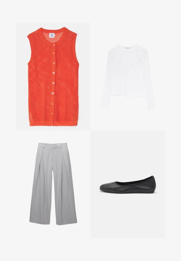 Oranssi, hihaton neuleliivi verkkokudoksella, jossa on pyöreä kaula-aukko ja kuusi kontrastiväriä nappia edessä.; Valkoinen pitkähihaisessa paidassa on pyöreä pääntie. Se on muotoiltu istuvaksi, sileä kangas on miellyttävä päällä ja hemline on hieman cropped.; Vaaleanharmaat leveät housut, jotka on valmistettu teksturoidusta kankaasta. Housuissa on etupleaatit, vyölenkit ja muotoiltu vyötärö. Ei näkyviä sulkemisia.; Musta nahkainen ballerina, jossa on pyöristetty kärki, sileä pinta, minimaalinen ommelkoristelu ja joustava pohjamuotoilu.