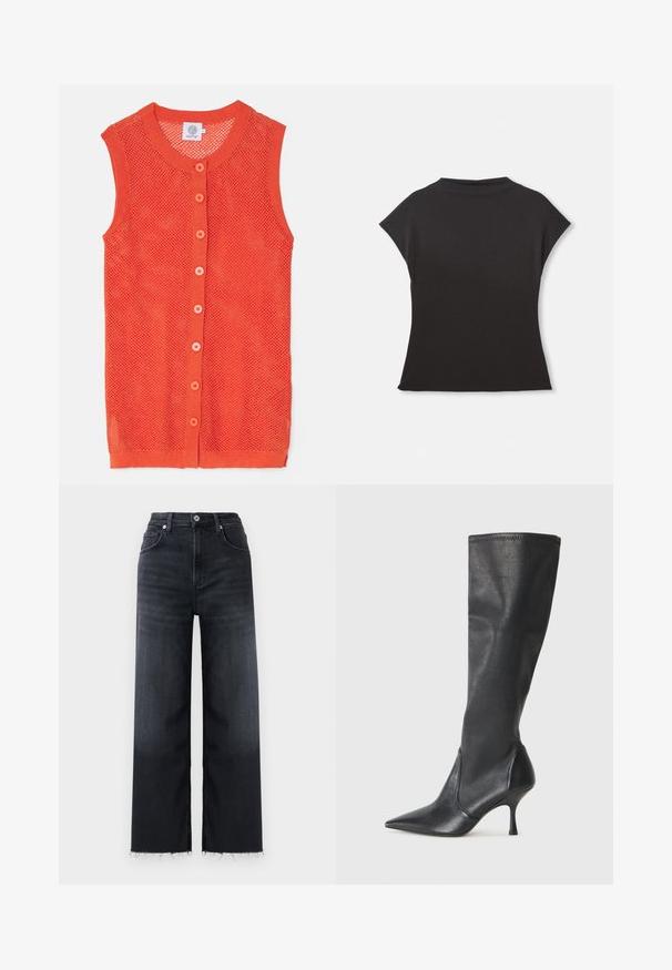 Oranje, mouwloze gebreide vest met een gaasontwerp, voorzien van een ronde halslijn en zes contrasterende knopen aan de voorkant.; Zwart top met korte mouwen, hoge halslijn en een relaxte pasvorm. Gemaakt van zachte stof met een gladde textuur. Geen zichtbare patronen of graphics.; Wijd gevallen jeans in donkerdenim met een hoge taille, met subtiele vervaging, een rafelige zoom en een klassieke vijfzakkenstijl.; Kniehoge zwarte leren laarzen met een spitse neus en een slanke stilettohak. Glad textuur met een aansluitend ontwerp en stiksels aan de bovenrand.