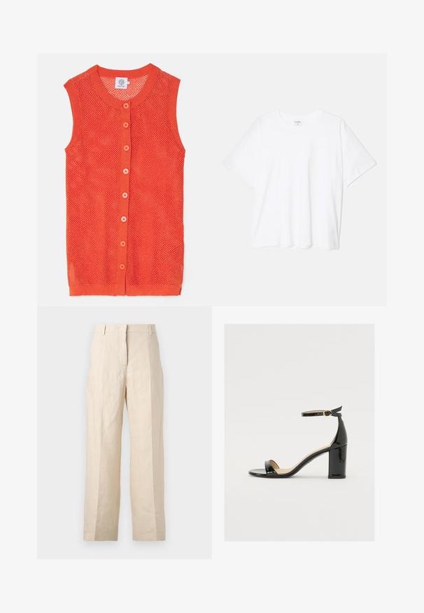 Orange, ärmellose Strickweste mit einem Netzdesign, runder Ausschnitt und sechs kontrastierenden Knöpfen auf der Vorderseite.; Weißes Baumwoll-T-Shirt mit kurzen Ärmeln, runder Halslinie, lockerer Passform und genähtem Saum. Etikett sichtbar am inneren Kragen.; Beige Leinenhosen mit einer lockeren Passform, gefältelter Vorderseite und geraden Beinen. Besitzt einen Bund mit Gürtelschlaufen und keine sichtbaren Taschen.; Schwarze Lackleder-Sandalette mit weitem Absatz, offener Zehenpartie und Knöchelriemen mit goldener Schnalle. Glatte Textur und elegantes Design.