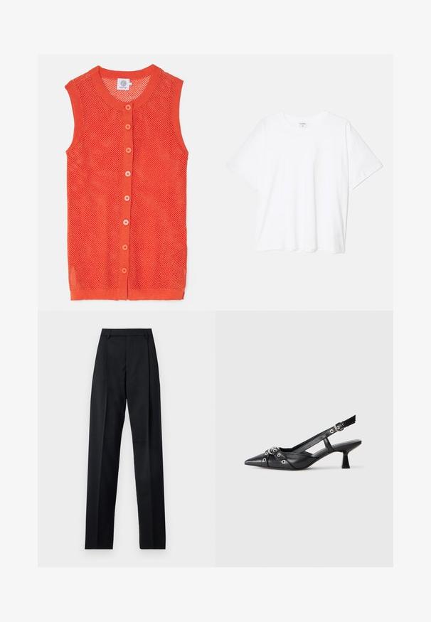Gilet en maille sans manches orange avec un design en mesh, doté d'un col rond et de six boutons contrastants sur le devant.; T-shirt en coton blanc avec des manches courtes, un col rond, une coupe décontractée et un ourlet cousu. Étiquette visible à l'intérieur du col.; Pantalon noir en tissu lisse avec taille haute, jambes larges, plis à l'avant et passants de ceinture classiques. Pas de poches latérales visibles.; Chaussure slingback en cuir noir avec un bout pointu, des sangles décoratives avec œillets en métal et un petit talon carré. Surface texturée.