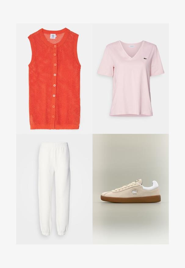 Orange, sleeveless knit vest with a mesh design, featuring a round neckline and six contrasting buttons down the front.; Light pink cotton t-shirt with a v-neck and short sleeves, featuring a small green embroidered crocodile logo on the left chest.; White sweatpants made of soft, knitted fabric. Elastic waistband and cuffs provide a relaxed fit. Minimalist design, no visible patterns or accents.; Beige suede sneaker with white accents and rubber sole. Features a raised logo on the side and contrasting beige laces. Classic design.