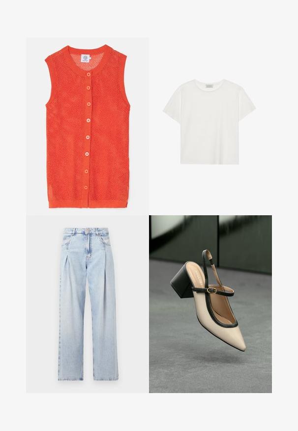 Narancssárga, ujjatlan kötött mellény hálós mintával, kerek nyakkivágással és hat kontrasztos gombbal az elején.; Fehér, rövid ujjú póló, puha pamutból készült. Kerek nyakkivágással és laza szabással rendelkezik. Tiszta dizájn, látható minták vagy díszítések nélkül.; Világoskék farmernadrág magas derekú, bő szabású, két oldalsó zsebbel és pliszírozott dizájnnal. Puha tapintású, elhalványított felület.; Beige, hegyes orrú, pántos cipő fekete díszítéssel, arany csattal és vastag blokk sarokkal, szürke padlón, sötétzöld háttér előtt.