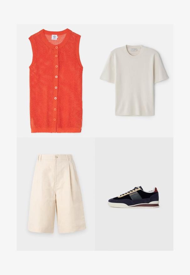 Narancssárga, ujjatlan kötött mellény hálós mintával, kerek nyakkivágással és hat kontrasztos gombbal az elején.; Krém színű, rövid ujjú póló, kerek nyakkivágással, puha anyagból készült, egyenes szabású és minimális díszítéssel rendelkezik.; Beige lenvászon rövidnadrág laza fitben, gombos zárással, plisszírozott kialakítással és térdig érő hosszúsággal. Sima textúra és egyszerű stílus.; Tengerészkék nubuk sportcipő bézs és sötétkék akcentusokkal. Fehér gumitalppal és arany logóval az oldalon. Klasszikus sportos dizájn.