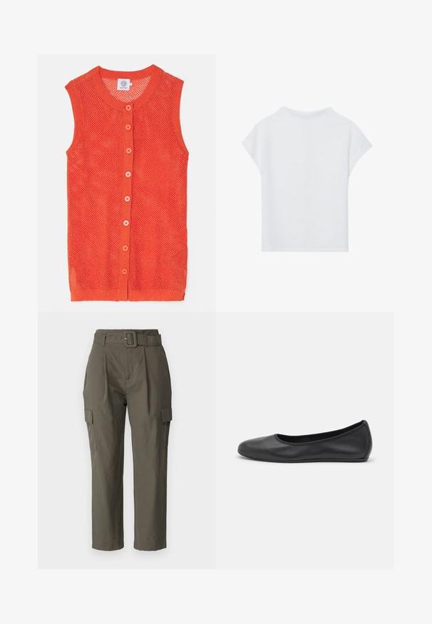 Oransje, ermeløs strikket vest med nett-design, med rund hals og seks kontrasterende knapper foran.; Hvit kortermet topp med avslappet passform, lett tekstur og rund halslinning. Bakfra viser den en jevn og enkel design.; Cargo-bukser i olivengrøn, lavet af letvægtsstof. Funktioner omfatter en bæltestrop i taljen, frontfolder og sidelommer med flaplukninger.; Svart skinnballettflatt med rund tå, glatt tekstur, minimal sømdetalj, og et fleksibelt såledesign.