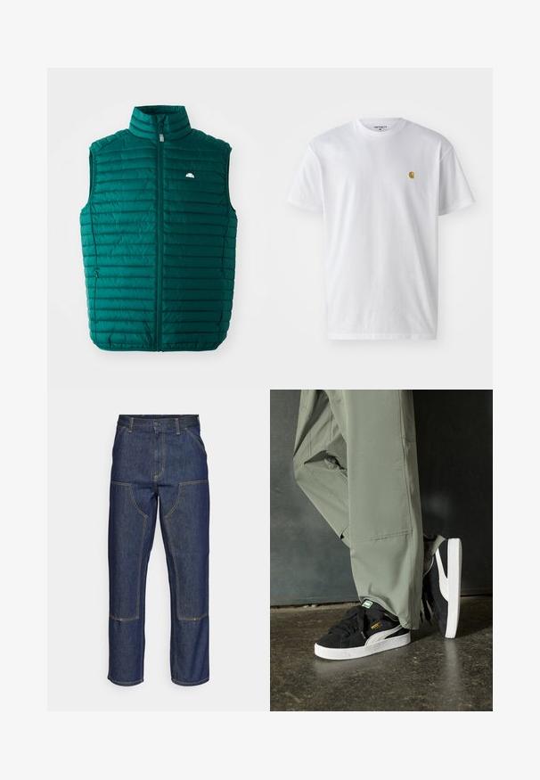 Teal puffer vest with a high collar, zippered front, and horizontal quilted design. Features a small white logo on the upper left.; White cotton t-shirt with short sleeves, crew neck, featuring a small gold logo on the left chest area. Soft texture and regular fit.; Dark blue denim jeans with a high waist, straight leg design, contrasting stitching, and patch pockets on the front.; Black suede sneakers with white rubber soles and side stripes, paired with light green cargo pants, standing on a textured dark surface.