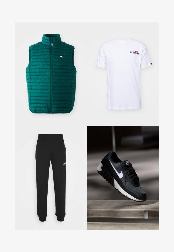 Tirkizni puffer prsluk s visokim ovratnikom, patentnim zatvaračem sprijeda i horizontalnim prešanim dizajnom. Ima mali bijeli logo na gornjem lijevom dijelu.; Bijela pamučna majica kratkih rukava, s mornarsko plavim izvezenim logom na lijevoj strani prsa i vibrantnim akcentom iznadloga.; Crne trenirke od mekanog materijala imaju suženi kroj nogavica, elastičnu traku u struku, bočne džepove sa patent zatvaračima i mali akcent logotipa.; Crne i zelene tenisice s uzorkovanom mrežicom na gornjem dijelu, bijelim swoosh logom, podstavljenim ovratnikom i vidljivom zračnom jastučićem u potplatu.