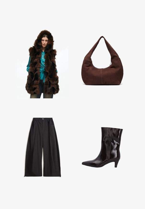 Hnědá umělá kožešinová vesta s kapucí, která má směs tmavě a světle hnědých pruhů. Nositá přes tyrkysovou halenu s knoflíky a tmavé džíny.; Jednoduché bílé tričko s krátkým rukávem a kulatým výstřihem, se černou etikou na límci, položené na bílé pozadí.; Černé kalhoty s širokými nohavicemi a vysokým pasem, s plizováním, vpředu na knoflík a se dvěma bočními kapsami. Vyrobené z tkaniny s texturovaným povrchem.; Hnědá kožená kotníková bota s špičatou špičkou a úzkým podpatkem o výšce 5 cm. Lesklá textura a bezešvý design bez viditelného kování nebo akcentů.; Hnědá semišová hobo taška s zakřiveným, širokým uchem a velkým otvorem. Měkká textura se viditelným prošíváním podél okrajů.