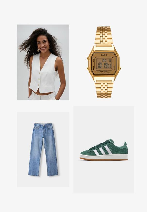 Biely bezrukávový sveter s výstrihom do V, s piatimi zlatými gombíkmi a dvoma prednými vreckami, vyrobený z hladkej tkaniny. Modelka má kučeravé vlasy.; Čierny rebrovaný top bez rukávov s vysokým výstrihom. Má priliehavý strih a jemnú textúru.; Svetlomodré džínsy s rovnými nohavicami, ktoré majú päť vreciek, predné zapínanie na gombík a jemné opotrebovanie pre textúru.; Zelené semišové tenisky s bielymi koženými pruhmi, gumovou podrážkou, polstrovaným golierom a minimalistickým dizajnom. Obsahujú branding na boku.; Zlaté digitálne hodinky s obdĺžnikovým ciferníkom, LCD displejom, nerezovým pásikom a tlačidlami na boku. Obsahujú označenie vodeodolnosti.