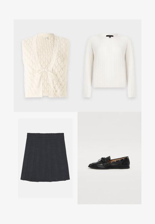 Gilet en tricot blanc cassé avec un motif en losanges. Présente un col en V, une ouverture à l'avant et une fermeture par lien. Léger et texturé.; Pull en maille blanche avec des manches longues, un col rond et un accent décoratif en perles au niveau du col. Texture douce et design ajusté.; Jupe plissée gris foncé avec une taille élastique, dotée d'un tissu texturé et d'une silhouette A-line classique. Convient pour une tenue décontractée.; Mocassins en cuir noir avec un nœud lié, présentant des œillets dorés le long des côtés et une semelle en caoutchouc plate. Texture lisse, design classique.