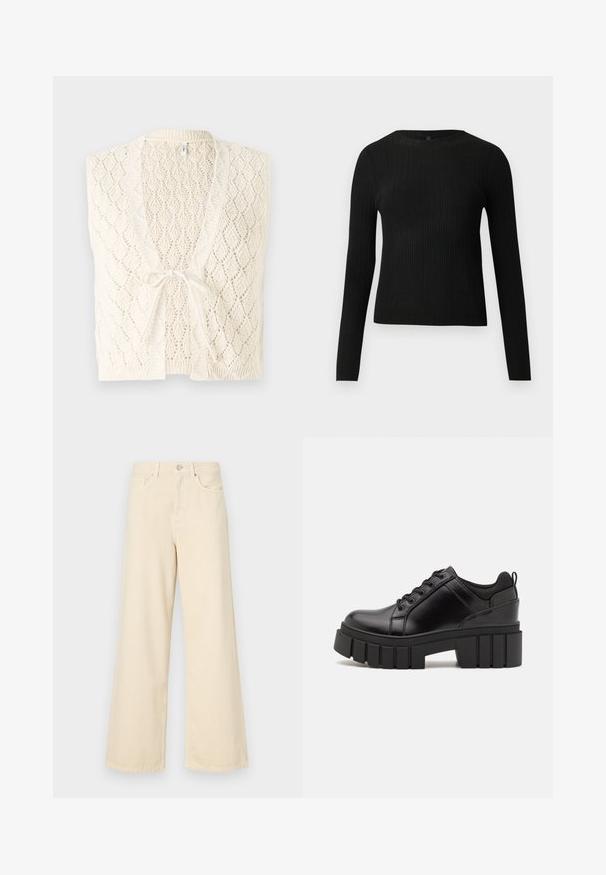 Kootud vest heledas valges, millel on rombikujuline muster. Omab V-kaelust, avatud esiosa ja sidumise sulgemist. Kergete ja tekstuursete omadustega.; Mustmustriibuline must pikavarsiline sobiv sviiter ümmarguse kaelusega, esitatud helehallil taustal.; Bežid laiad teksad, mis on valmistatud puuvillast. Omab nööbilukku, vöökohakujusid ja eesmine taskuid, millel on sile ja pehme tekstuur.; Must musta platvormsussid paksu plokkninal, ümmarguse varbaga ja traditsioonilise nööridega kinnitamisega. Sussid on sileda tekstuuriga ja minimaalsete detailidega.