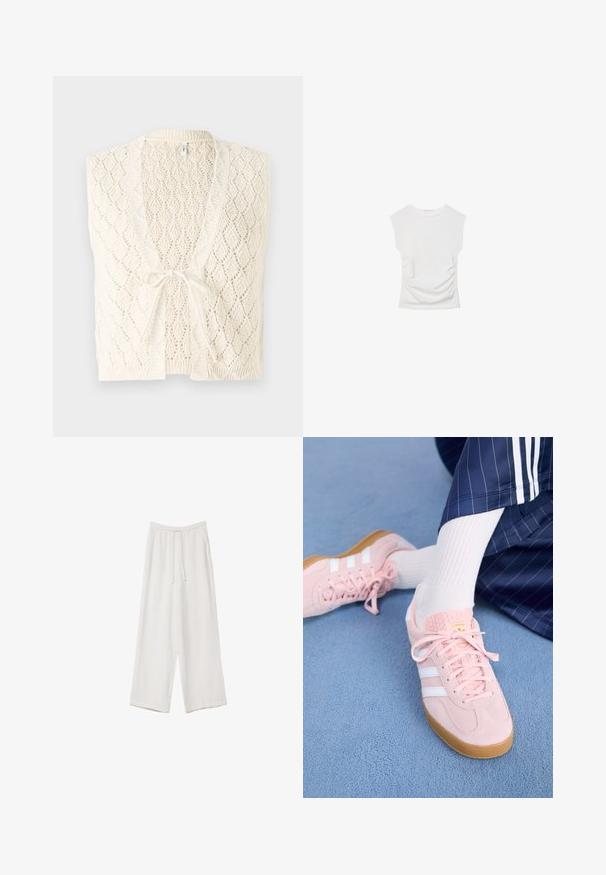 Gebreide vest in off-white met een diamantpatroon. Kenmerkt zich door een V-hals, open voorkant en een striksluiting. Lichtgewicht en met textuur.; Witte korte mouwen top met een ronde halslijn. Kenmerkt zich door geplooide textuur aan de zijkanten en een getailleerd silhouet, gemaakt van een zachte, rekbare stof.; Witte wijde broek gemaakt van een lichte stof. Voorzien van een elastische tailleband met een trekkoord en zijzakken. Zachte textuur.; Lichtroze suède sneakers met witte strepen en veters, voorzien van een gestructureerde tong en een gumzool, geplaatst op een blauwe tapijt.