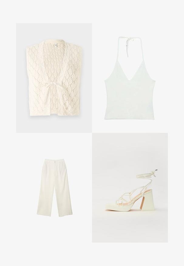 Gilet en tricot blanc cassé avec un motif en losanges. Présente un col en V, une ouverture à l'avant et une fermeture par lien. Léger et texturé.; Débardeur blanc à col halter avec un décolleté en V profond. Fabriqué en tissu lisse et léger. Présente un lien ajustable à l'arrière.; Pantalons à jambes larges en tissu crème avec une texture lisse, dotés d'un seul bouton à l'avant, de plis subtils et d'un design taille haute.; Sandale blanche à talons hauts avec un talon épais, présentant un design à lanières et un lien autour de la cheville. Texture lisse avec une plateforme à l'avant pour une hauteur supplémentaire.