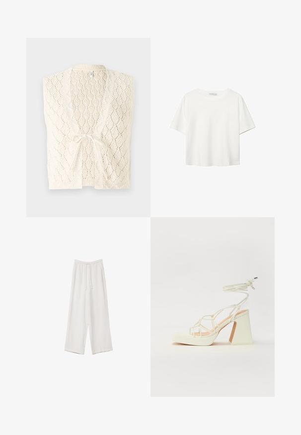 Knit vest in off-white with a diamond pattern. Features a V-neck, open front, and a tie closure. Lightweight and textured.; White short-sleeve t-shirt made of cotton. Features a crew neckline and a relaxed fit. Smooth texture with no visible patterns or accents.; White wide-leg trousers made from a lightweight fabric. Features an elastic waistband with a drawstring and side pockets. Smooth texture.; White high-heeled sandal with a chunky heel, featuring a strappy design and ankle tie. Smooth texture with a platform front for added height.