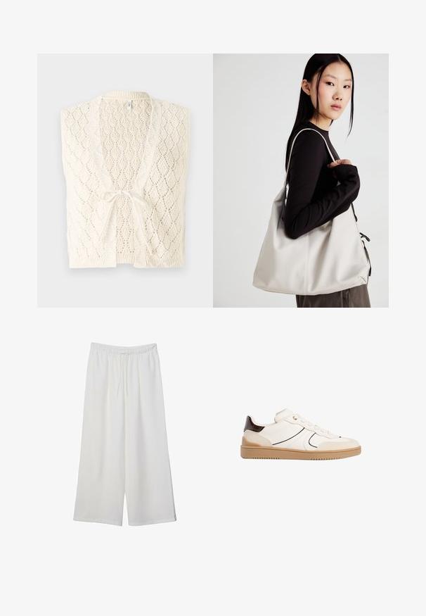 Stickad väst i off-white med ett diamantmönster. Har en V-halsringning, öppen front och en knytning. Lätt och strukturerad.; Vit t-shirt med kort ärm i bomull. Har en rundad halsringning och en avslappnad passform. Slät textur utan synliga mönster eller detaljer.; Vita vida byxor i lätt tyg med elastisk midja och dragsko för justerbar passform. Mjuk textur.; Stradivarius Sneakers - white; Beige handväska tillverkad av mjukt material, med en avslappnad design, sydda detaljer och två axelremmar. Lämplig för dagligt bruk.